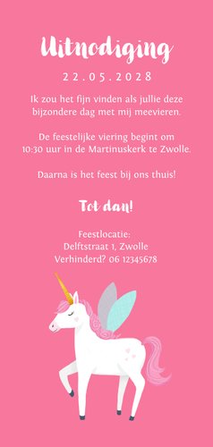 Communiefeest unicorn sterretjes goud foto roze Achterkant