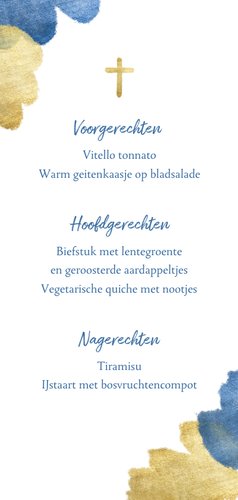 Communiekaart menu blauw aquarel metallic Achterkant