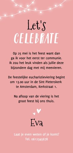 Communiekaart ticket lampjes feestje foto Achterkant