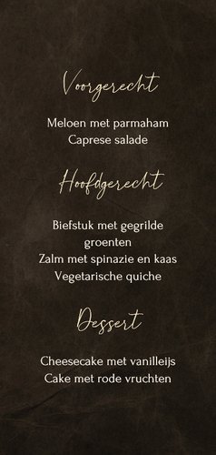 Donkerbruine kerstdiner menukaart met marmer kerstbal Achterkant