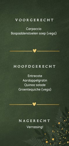 Donkergroene menukaart trouwen jungle met goudfolie 3