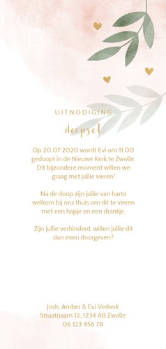 Doopkaart roze waterverf takjes gouden hartjes 3