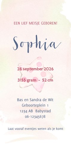 Geboortekaart meisje olifant op slurf Achterkant