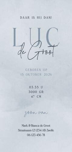 Geboortekaartje abstracte achtergrond blauw met zonnetje Achterkant