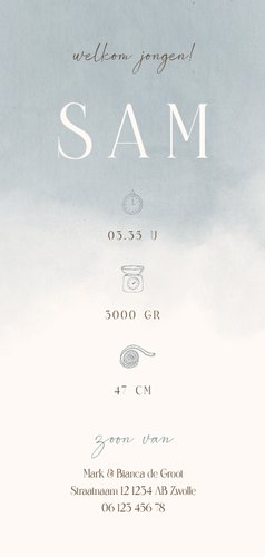 Geboortekaartje blauwe waterverf met een konijn en vogeltje Achterkant