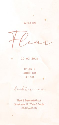Geboortekaartje bloemen met koperen hartjes waterverf Achterkant
