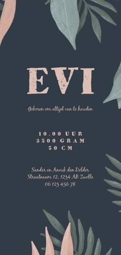 Geboortekaartje botanische bladeren donker 3