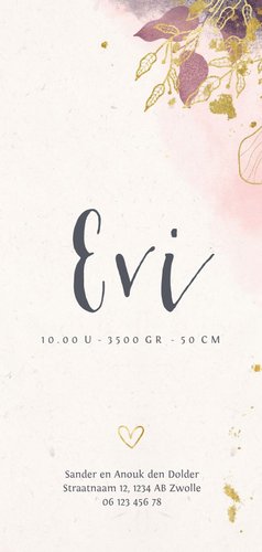 Geboortekaartje dubbel stijlvol met waterverf en bloemen 3