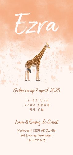 Geboortekaartje giraffe lief waterverf Achterkant