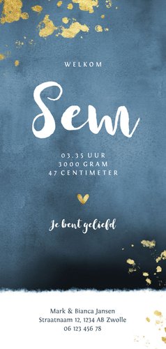 Geboortekaartje gouden spetters blauwe waterverf Achterkant
