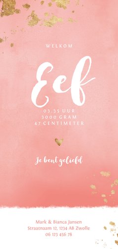 Geboortekaartje gouden spetters roze waterverf Achterkant