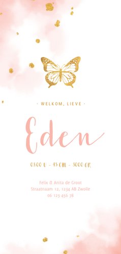 Geboortekaartje gouden vlinder met waterverf Achterkant
