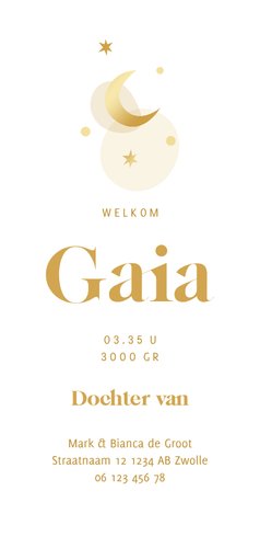 Geboortekaartje goudfolie maantje en sterren  Achterkant
