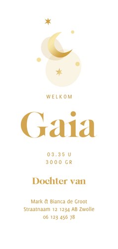 Geboortekaartje goudfolie maantje en sterren Achterkant