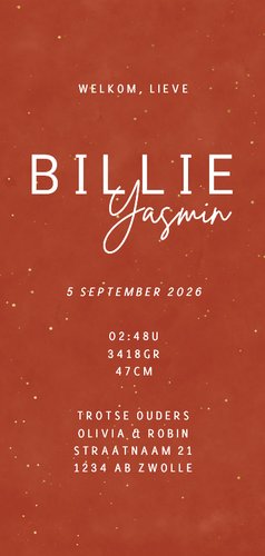 Geboortekaartje grote naam met goudlook spetters Achterkant