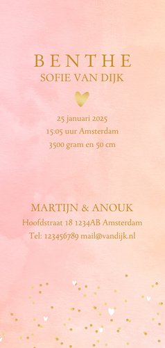 Geboortekaartje hartjes waterverf letter roze 3