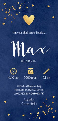 Geboortekaartje jongen blauw langwerpig goud hartje Achterkant