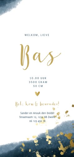 Geboortekaartje jongen gouden spetters waterverf 3