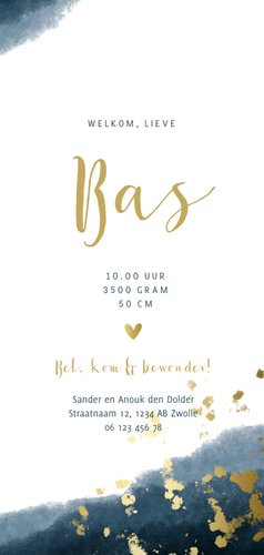 Geboortekaartje jongen gouden spetters waterverf 3