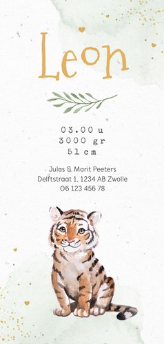 Geboortekaartje jongen jungle tijger waterverf hartjes goud Achterkant