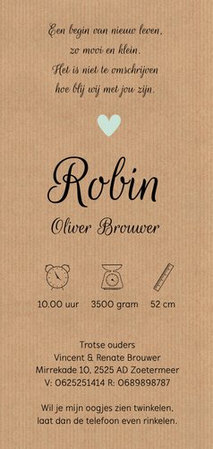 Geboortekaartje kraft hartjes jongen  Achterkant