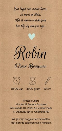 Geboortekaartje kraft hartjes jongen Achterkant