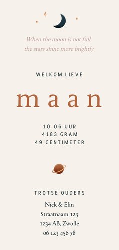 Geboortekaartje landschap maan en planeetjes koperfolie Achterkant