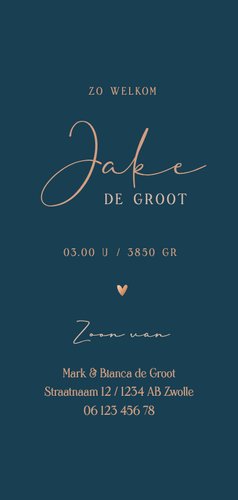 Geboortekaartje lijntekening van baby stijlvol met foliedruk Achterkant