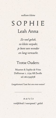 Geboortekaartje maart met narcis geboortebloem  Achterkant