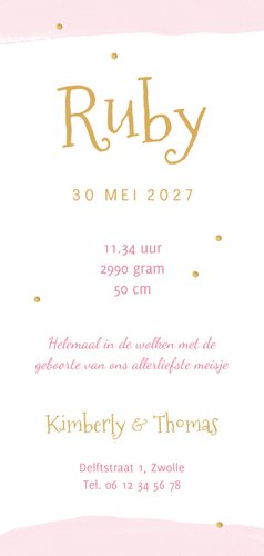 Geboortekaartje meisje flamingo goud waterverf Achterkant