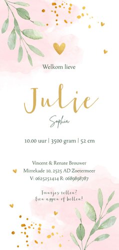 Geboortekaartje meisje langwerpig roze waterverf bladeren Achterkant
