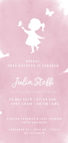 Geboortekaartje meisje met silhouet in waterverf en vlinder Achterkant