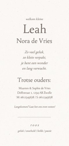 Geboortekaartje met juni geboortebloem roos Achterkant