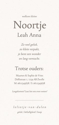 Geboortekaartje met lelietje van dalen geboortebloem mei Achterkant