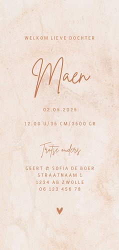 Geboortekaartje roze marmer en hartje minimalistisch Achterkant