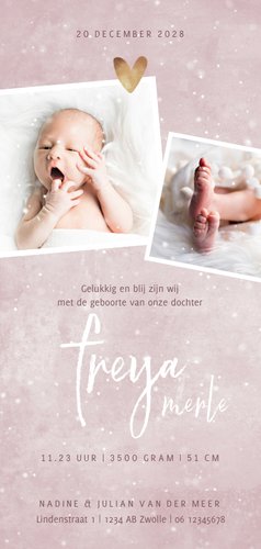 Geboortekaartje roze met 4 foto's winterlook Achterkant