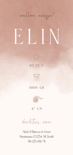 Geboortekaartje roze waterverf met een konijn en vogeltje Achterkant