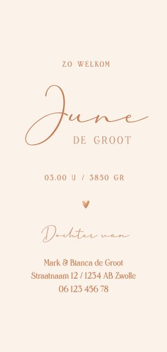 Geboortekaartje stijlvol lijntekening van baby met foliedruk Achterkant