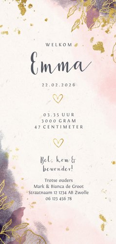 Geboortekaartje stijlvol met waterverf en gouden bloemen Achterkant