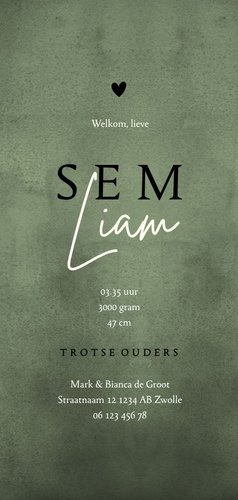 Geboortekaartje stoer met groene waterverf en hartje 3