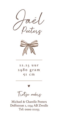 Geboortekaartje unisex vintage strik zandkleur Achterkant