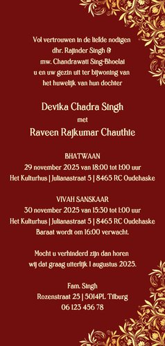 Hindoestaanse trouwkaart met een bruidspaar in roze groen 3