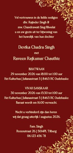 Hindoestaanse trouwkaart met een bruidspaar in roze groen 3