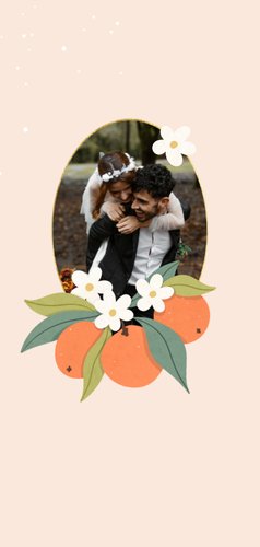 Hip oranje trouwkaartje bedankt met sinaasappels en goud 2