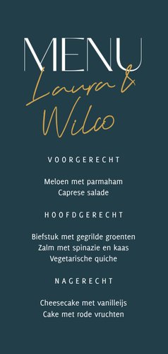 Hippe donkerblauwe menukaart met gouden hartjes Achterkant