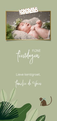 Hippe kerstkaart jungle met grote foto en bladeren Achterkant