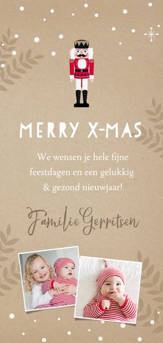 Hippe langwerpige kerstkaart met notenkraker illustratie Achterkant