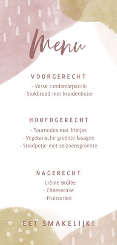 Hippe menukaart voor je communie met roze vormen & stipjes Achterkant