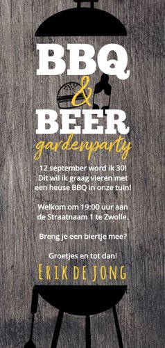 Hippe Uitnodiging Houtlook BBQ & BEER feest Achterkant