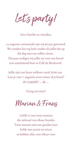 Jubileum uitnodiging rood met kant, label en eigen foto 3